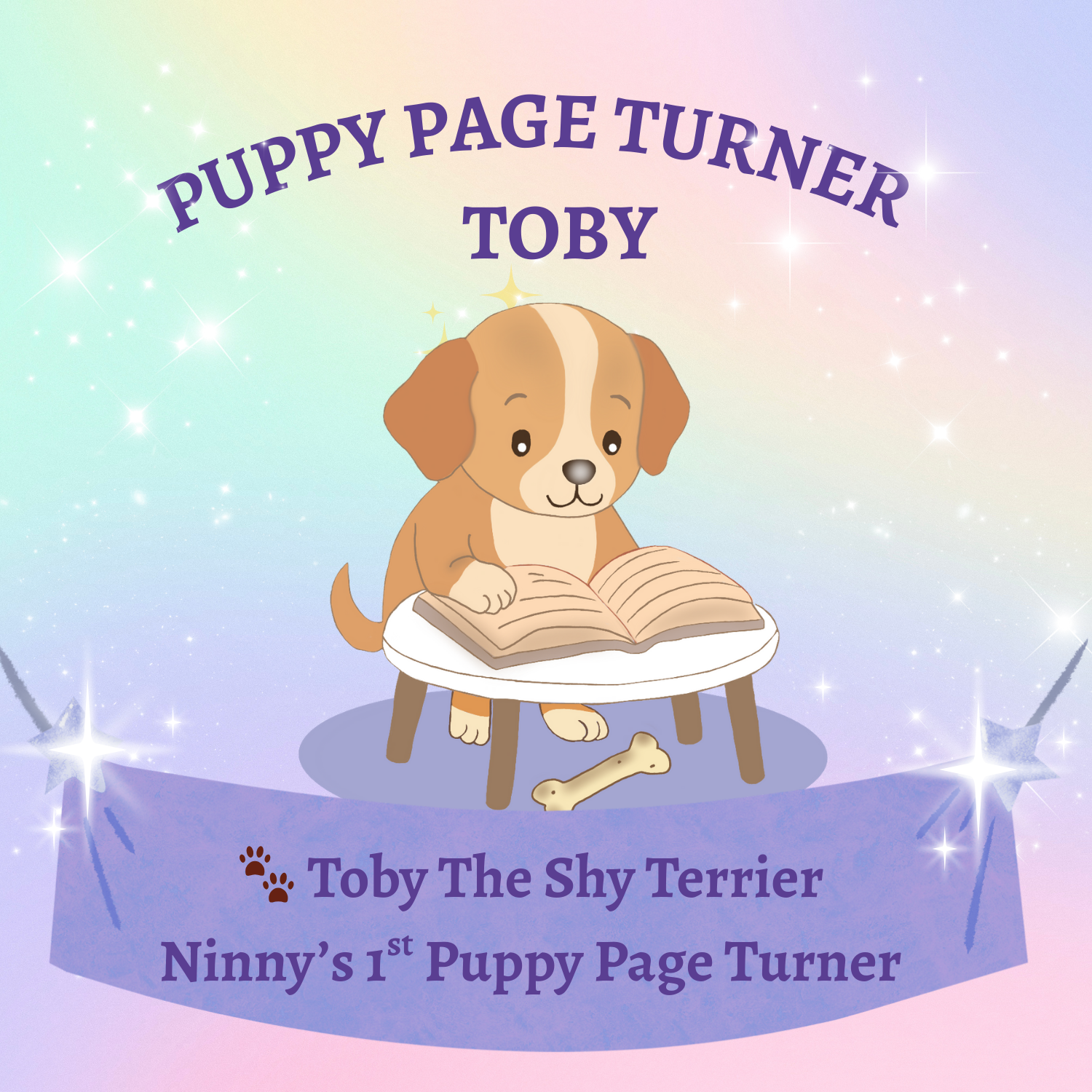toby shy terrier, puppy page turner toby, story time with ninny puppy, terrier reading illustration, toby debut banner, children’s reading puppy, stwn puppy tile, puppy page turner teaser