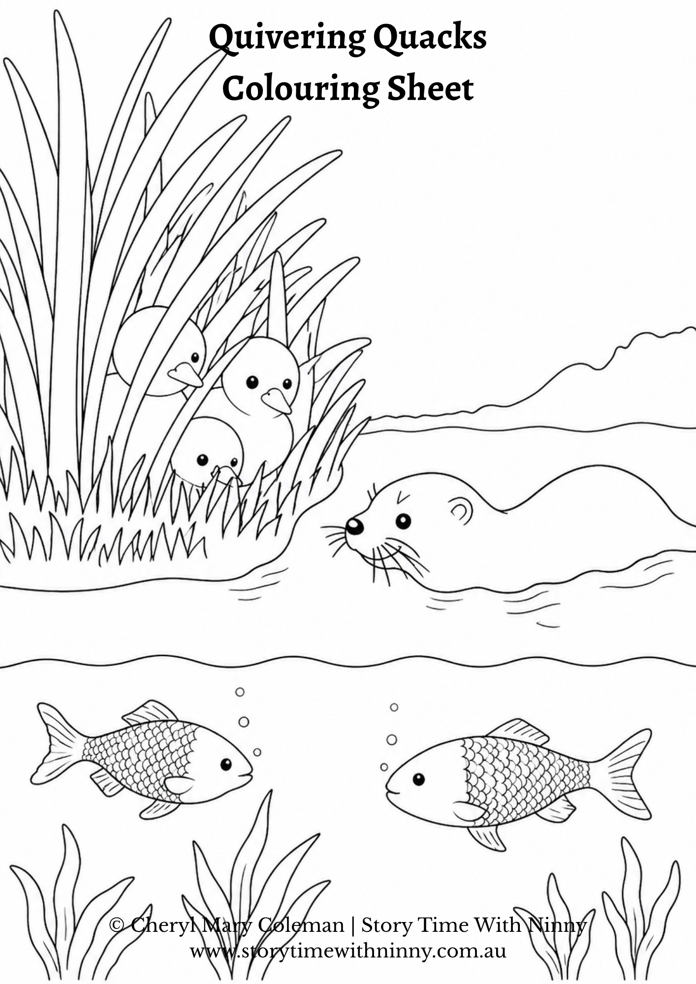 Black and white colouring sheet featuring three ducklings hiding among tall reeds at the edge of a pond while an otter swims nearby, with fish visible beneath the water.