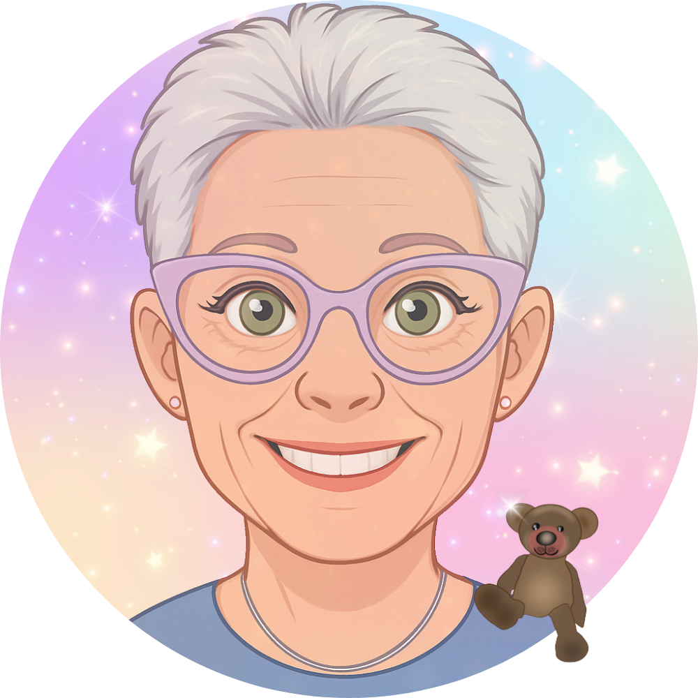 Smiling Ninny avatar with short silver hair and glasses on a soft pastel starry background, representing Story Time With Ninny children’s storytelling brand.