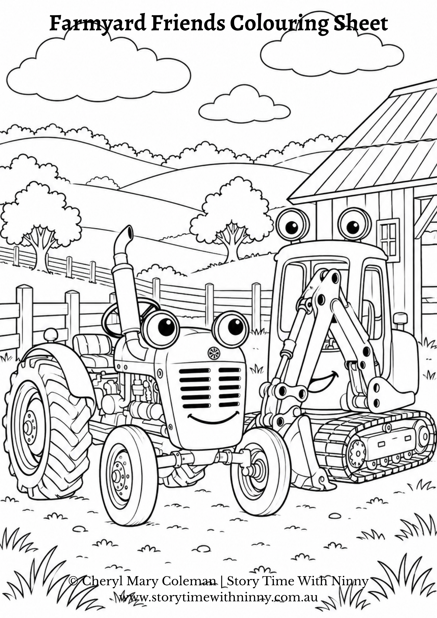 Black and white colouring sheet 1 of Farmyard Friends?  Story Time With Ninny.