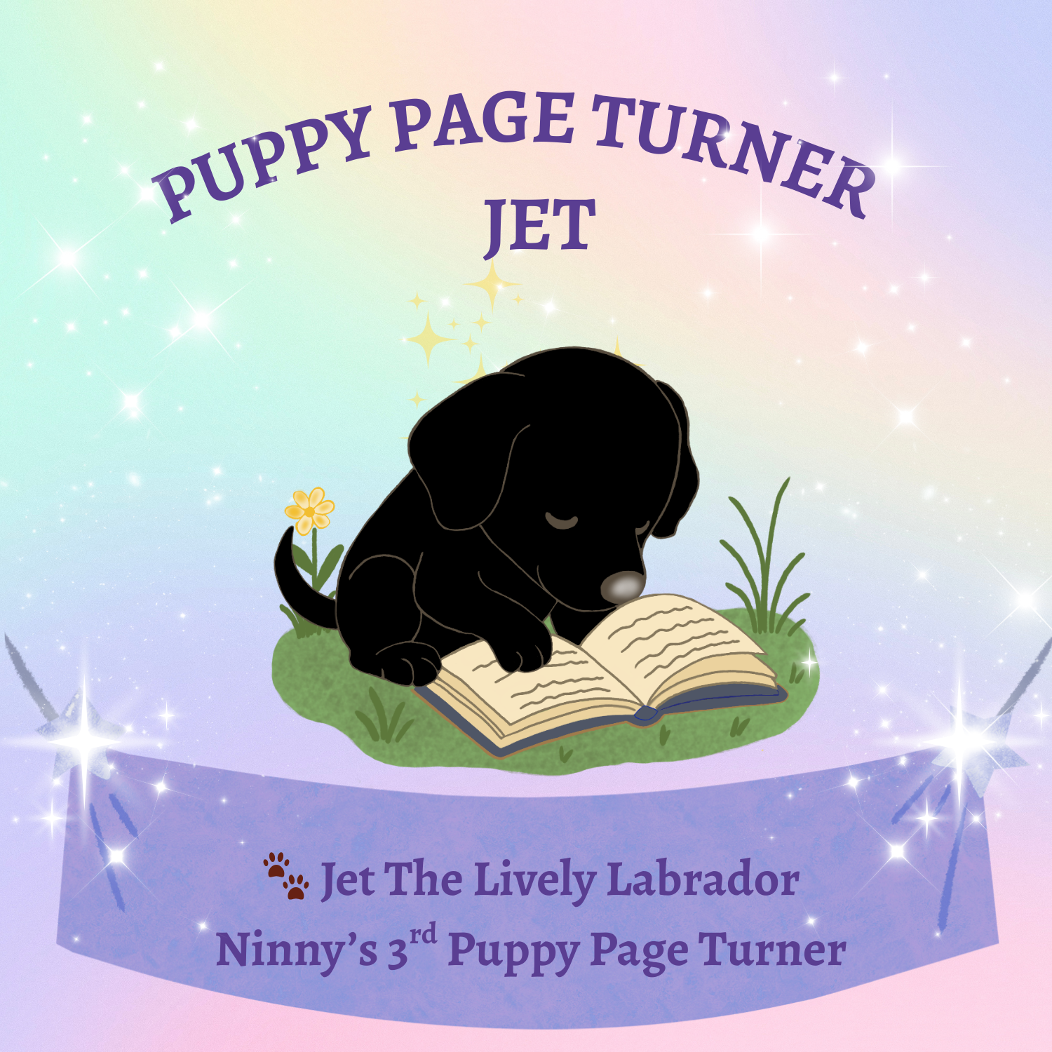 A cute illustration of Jet the black Labrador puppy reading a book, celebrating Ninny’s third Puppy Page Turner.
