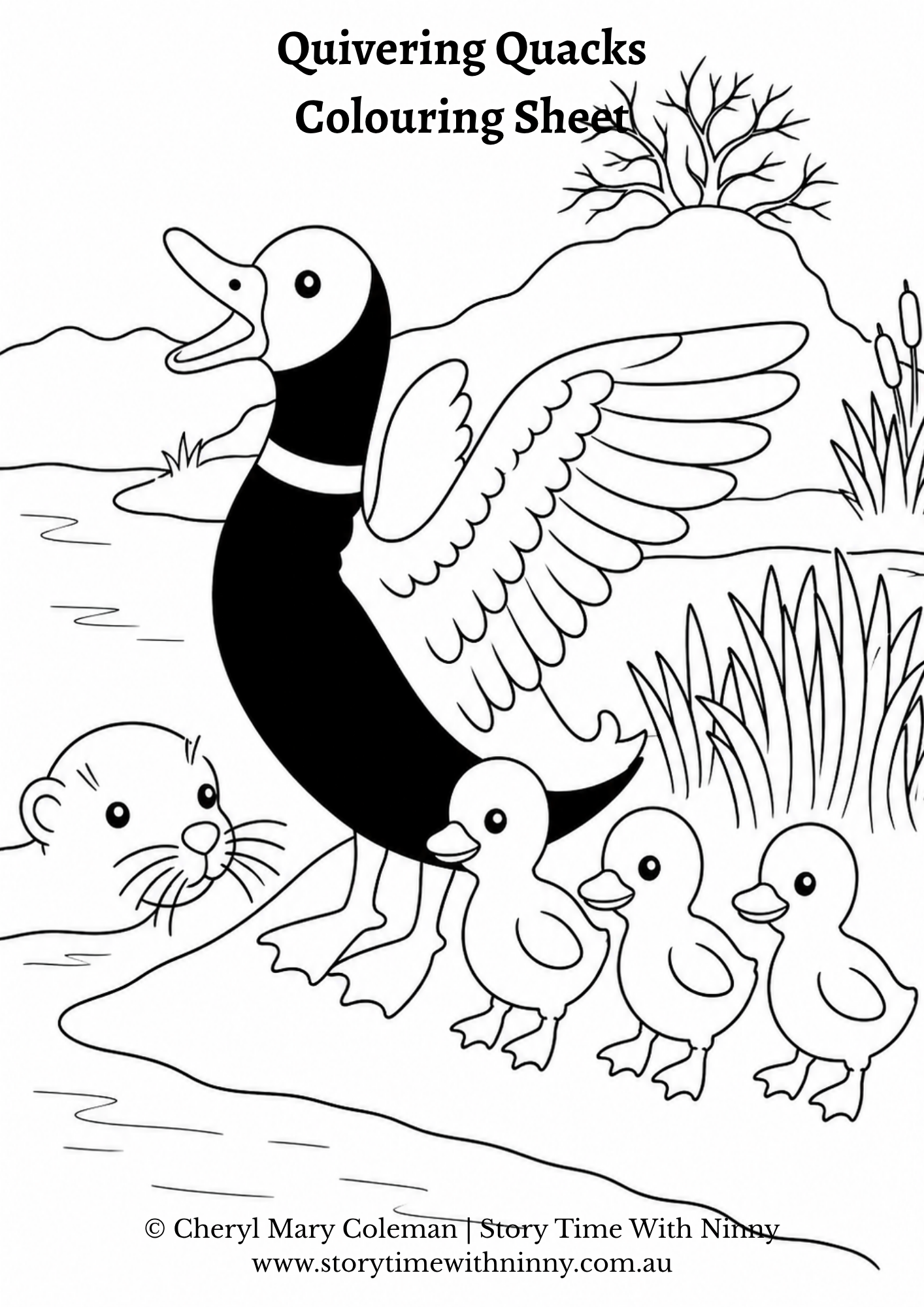 Black and white colouring sheet featuring a drake with wings raised, three ducklings walking beside him, and an otter nearby at the water’s edge, with reeds and a tree in the background from the Quivering Quacks story.