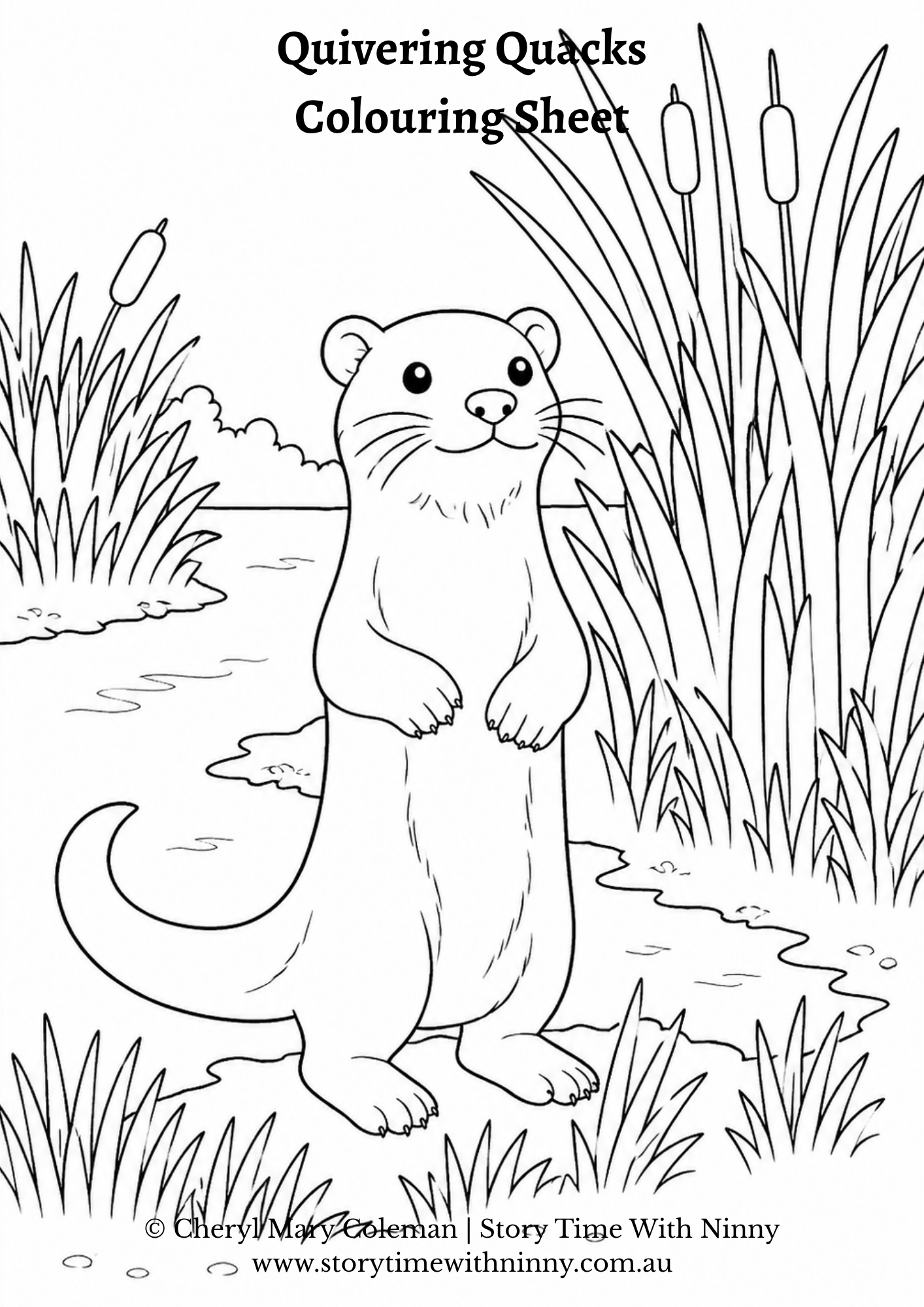 Black and white colouring sheet featuring Ollie the otter standing upright near a pond with tall reeds and grasses, from the Quivering Quacks story.
