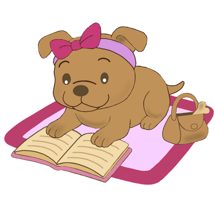 A gentle brown staffy puppy named Olive lies on a pink mat reading an open book, wearing a headband and bow as a Puppy Page Turner for Story Time With Ninny