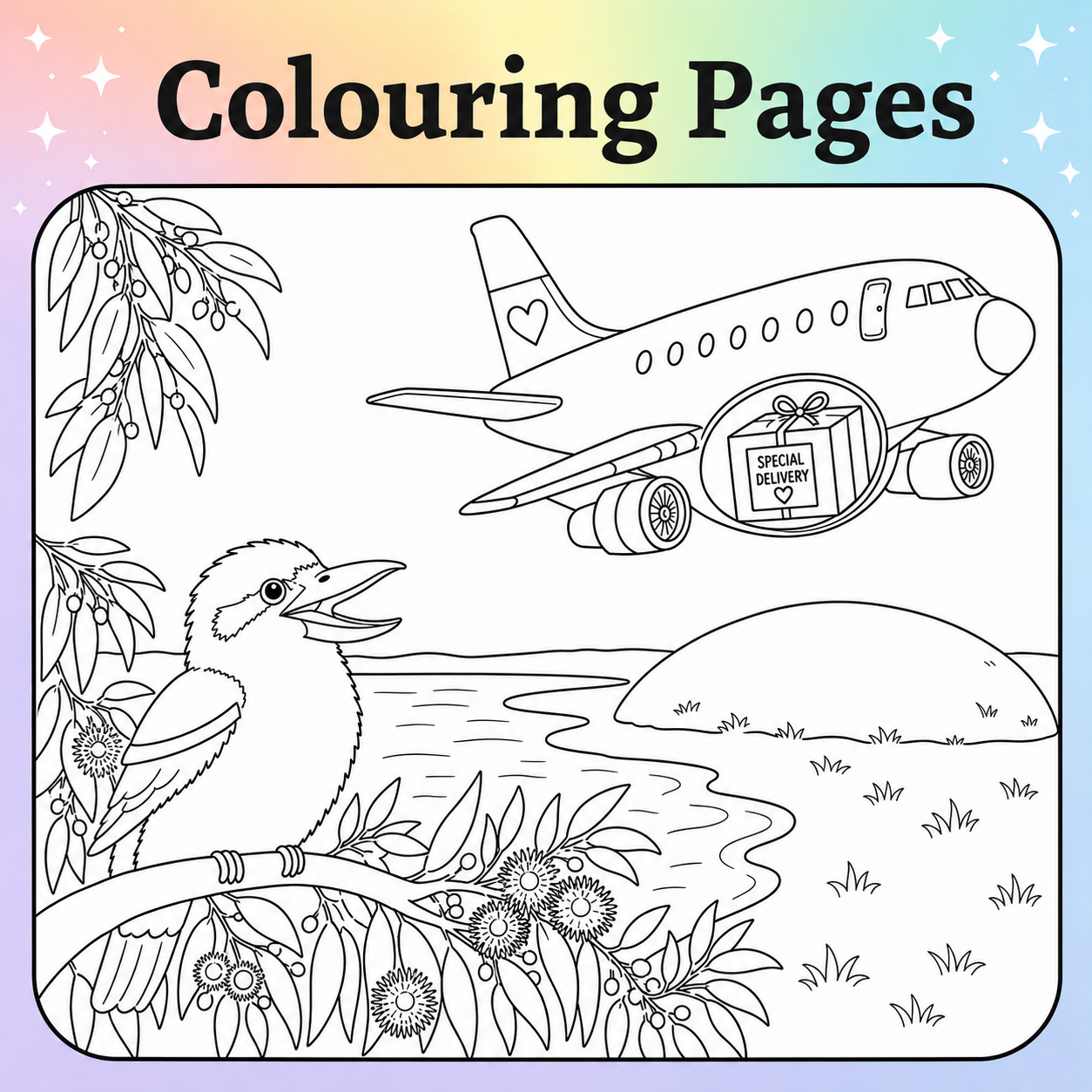 Rainbow headed colouring page tile for Making Room for Fuzzle.  FREE colouring sheets.  Story Time With Ninny.