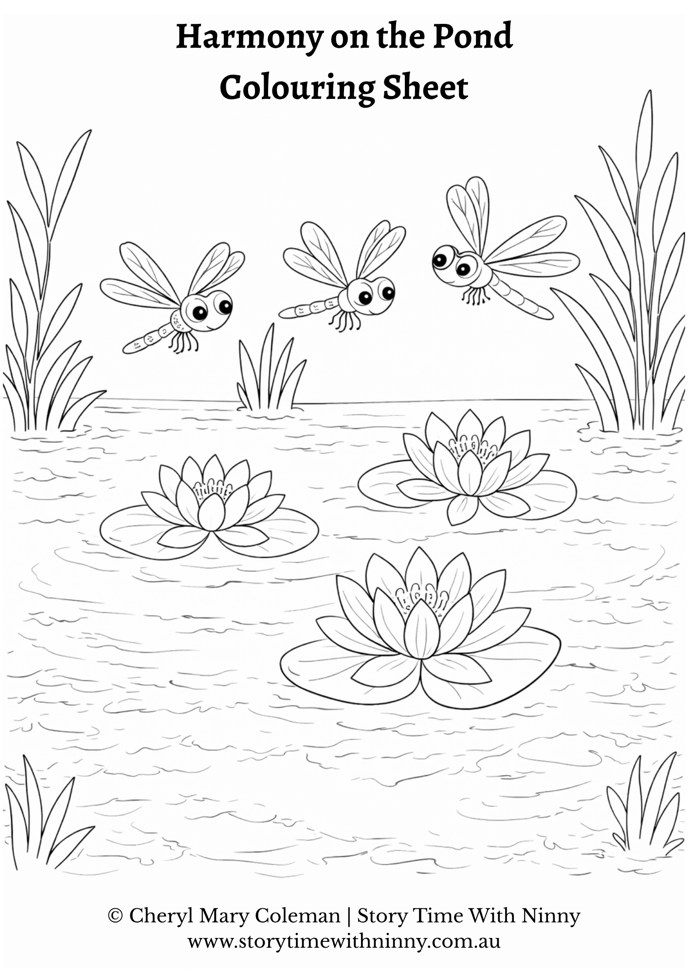 Harmony on the Pond colouring sheet for kids featuring three dragonflies flying above water lilies on a calm pond, surrounded by reeds, black and white printable activity page by Cheryl Mary Coleman, Story Time With Ninny.