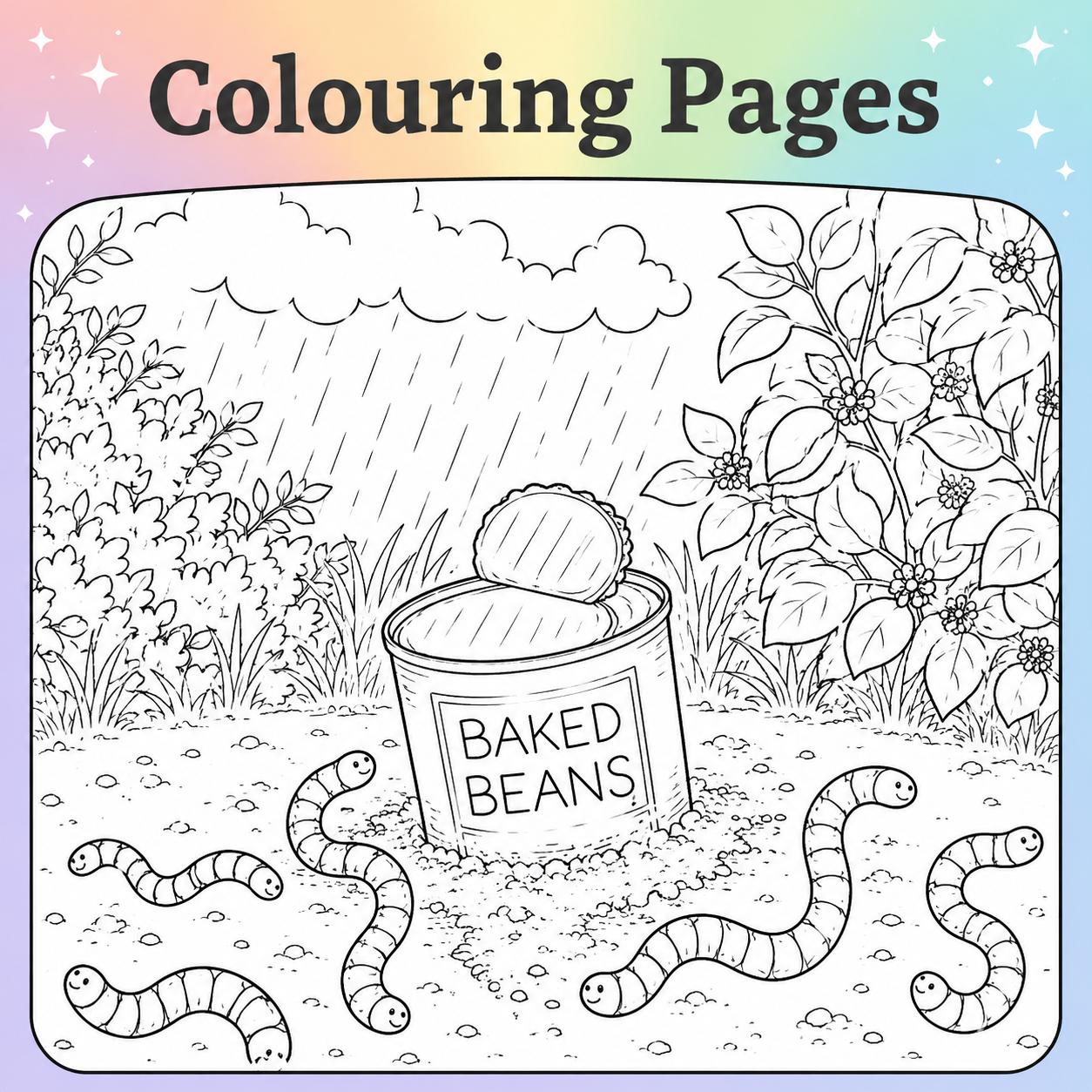 Printable children’s colouring pages from Tin in the Bin, an environmental children’s story by Story Time With Ninny, featuring a baked beans tin, garden worms, rain, and nature-themed colouring activity.