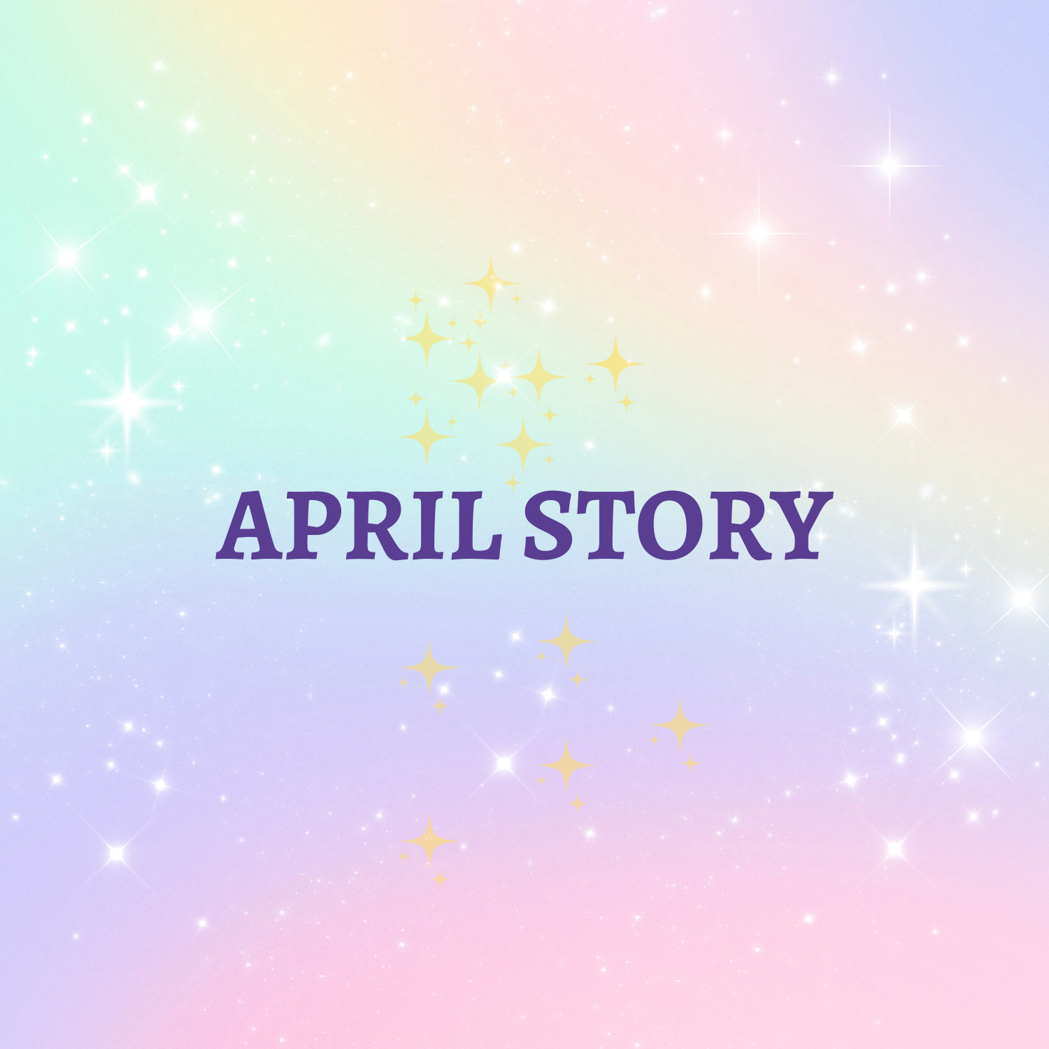 Rainbow sparkle background tile labelled “April Story,” used as a placeholder for an upcoming children’s read-along story in the Story Time With Ninny library.
