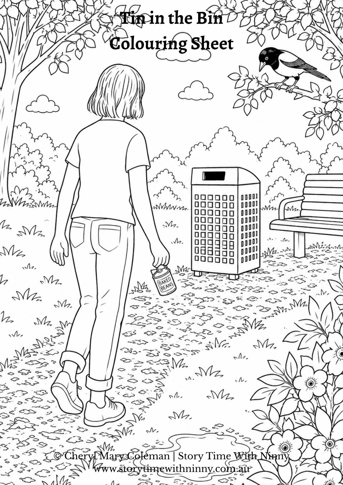 Tin in the Bin printable colouring worksheet for children featuring worms, a baked beans tin, and a rainy garden scene, inspired by an environmental children’s story about nature and recycling.