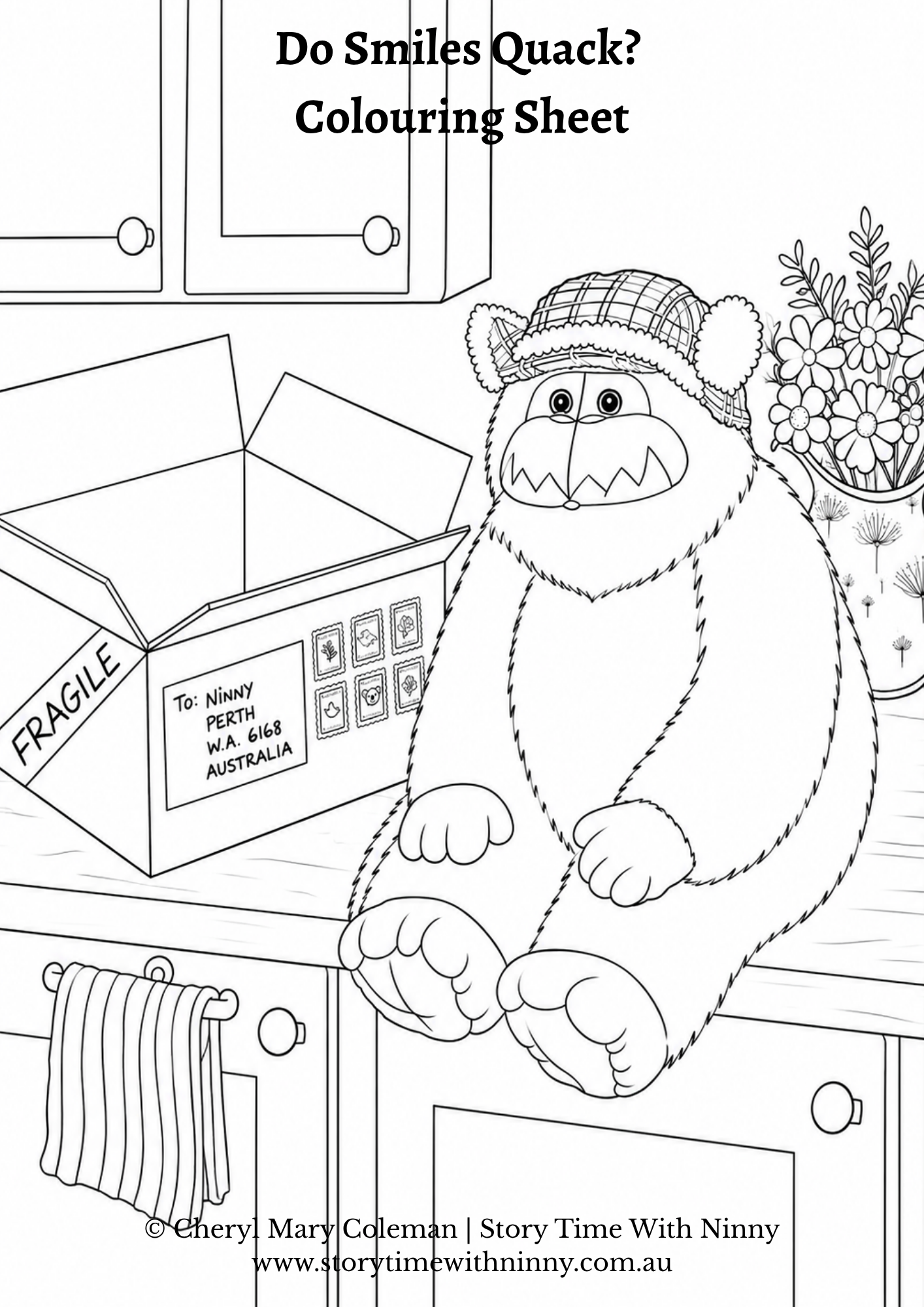 Black and white colouring sheet of Fuzzle from Do Smiles Quack?  Story Time With Ninny