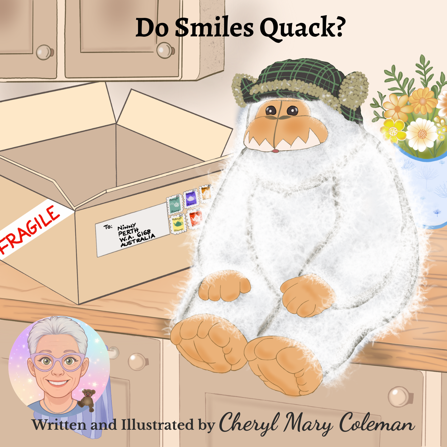 Book cover for Do Smiles Quack? by Cheryl Mary Coleman, featuring Fuzzle the friendly furry yeti beside an open parcel in Ninny’s studio. A warm Australian family story about friendship, belonging and celebrating what makes us unique.