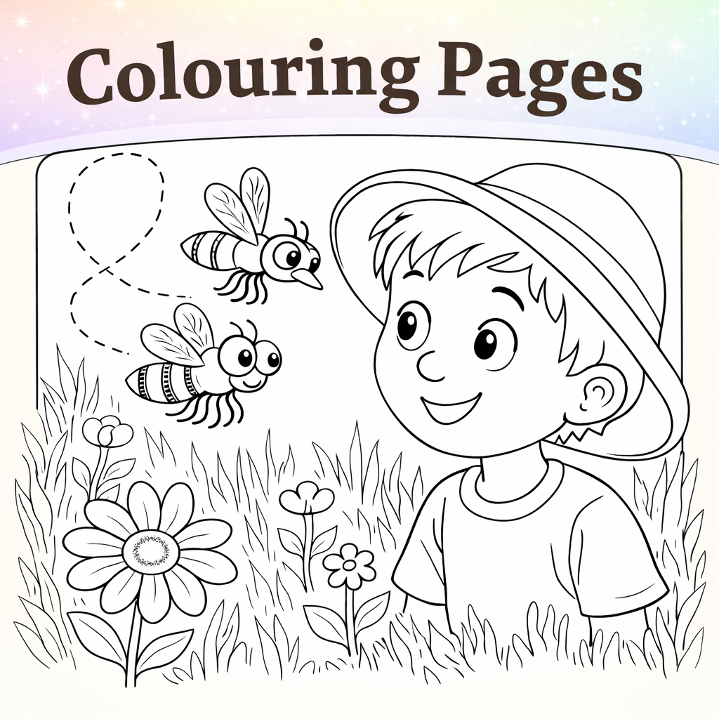 Colouring pages tile featuring a smiling child in a sunhat watching buzzing bees among flowers, inspired by the children’s story Buzz, Buzz, Fly By by Story Time With Ninny. Black and white printable activity for kids ages 3–5.