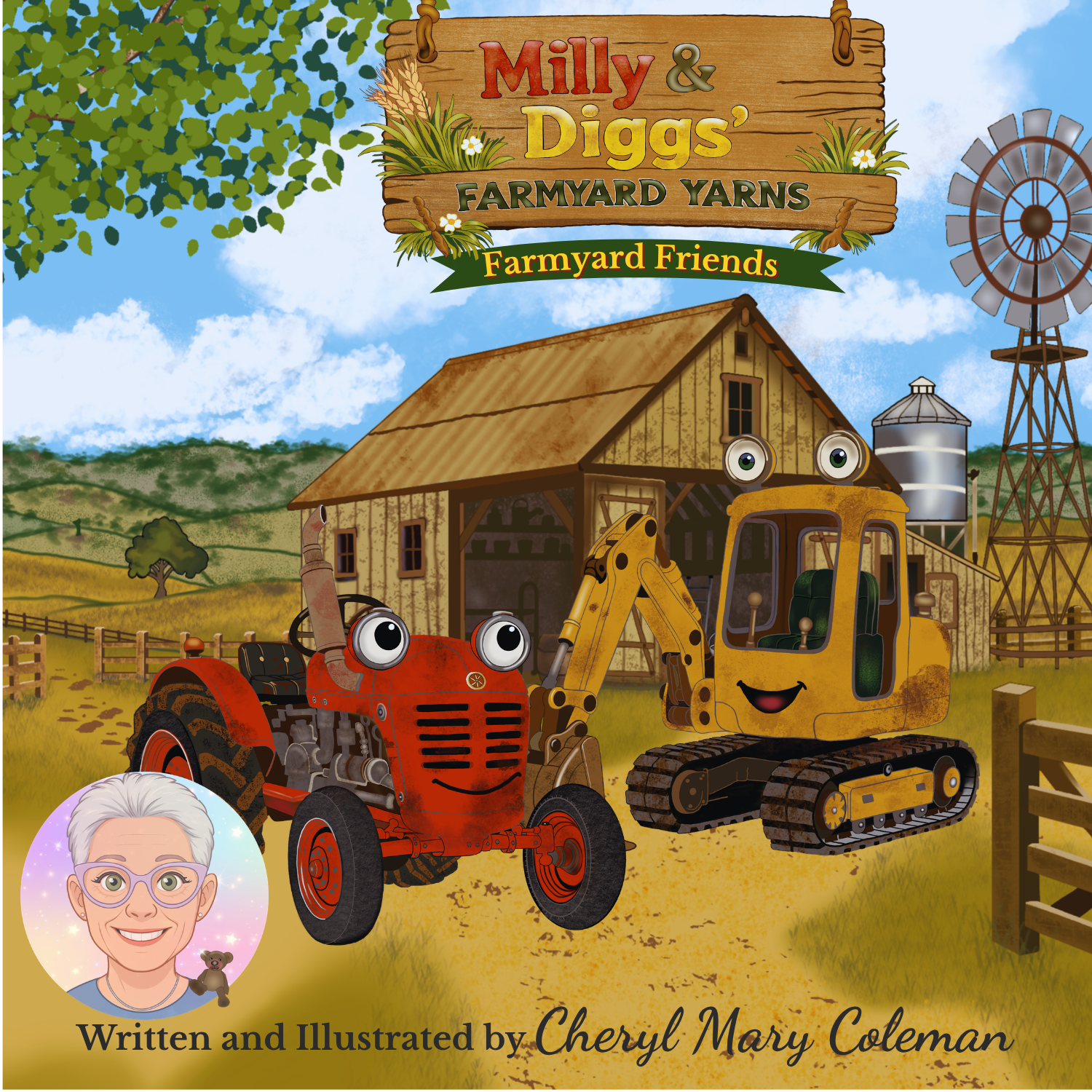 Milly the red tractor and Diggs the yellow digger outside the farm barn in Farmyard Friends, a Story Time With Ninny story for children aged 3–5.