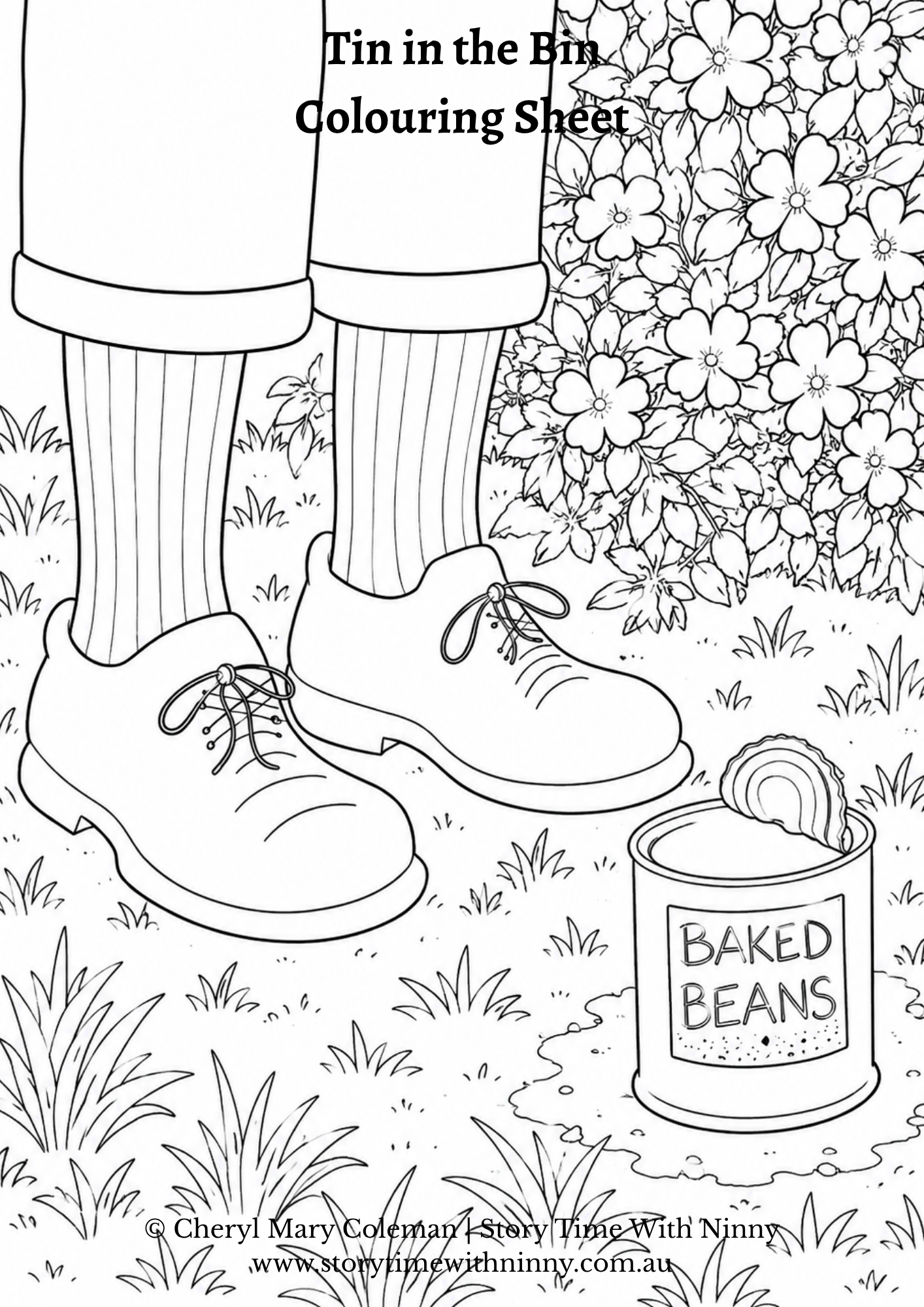 Tin in the Bin printable colouring worksheet for children featuring worms, a baked beans tin, and a rainy garden scene, inspired by an environmental children’s story about nature and recycling.