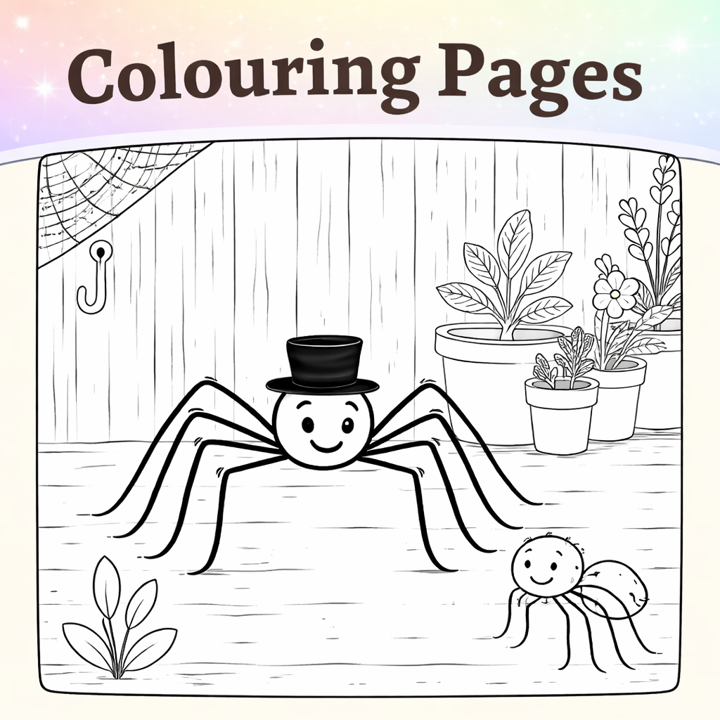 A square image showing Danny Daddy Longlegs, a smiling spider wearing a top hat, in a garden shed with plants and a smaller spider, designed as a colouring page preview with the title “Colouring Pages” at the top.