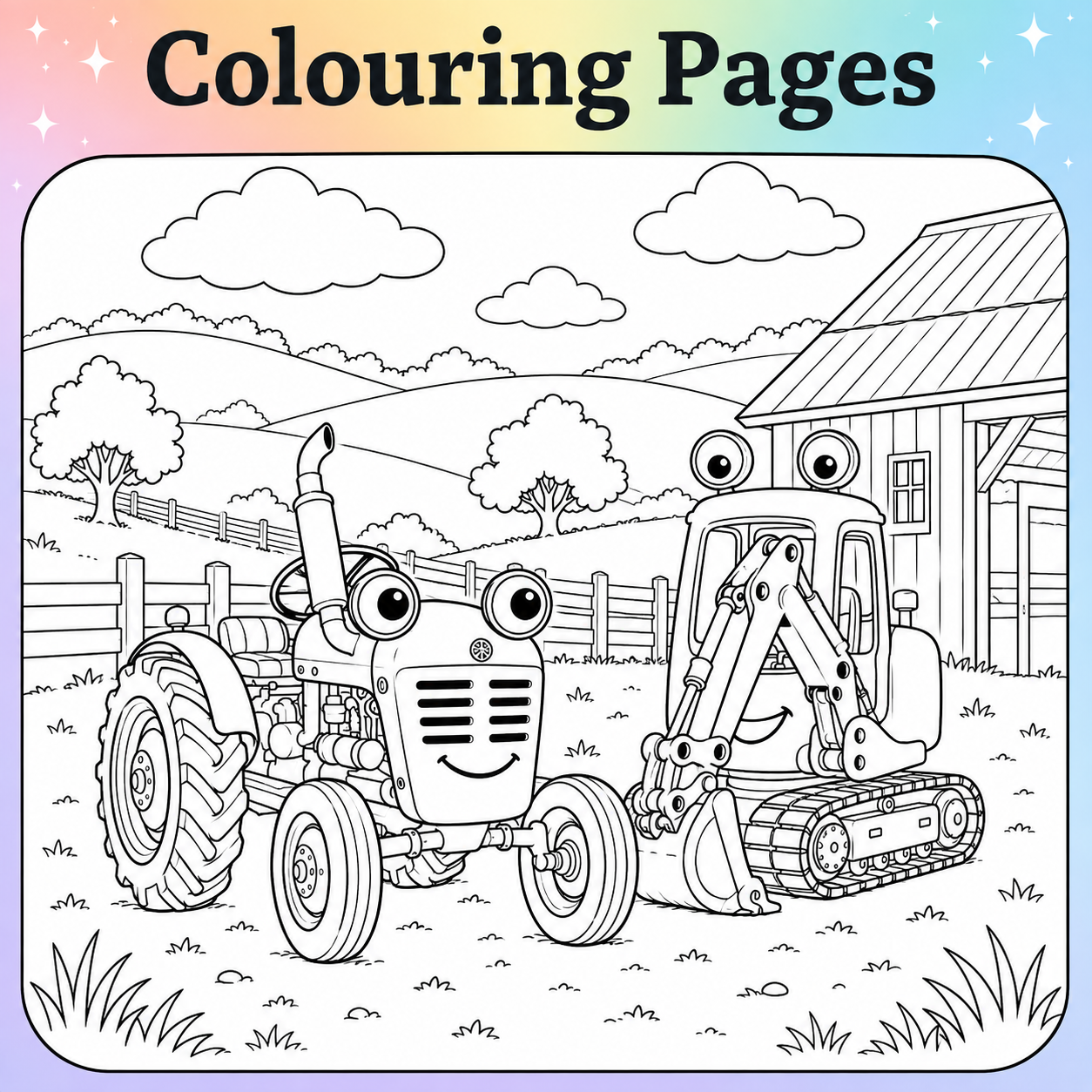 Colouring pages graphic featuring Milly the tractor sitting beside Diggs an old yellow digger in a farmyard by a barn in a rainbow-coloured background.