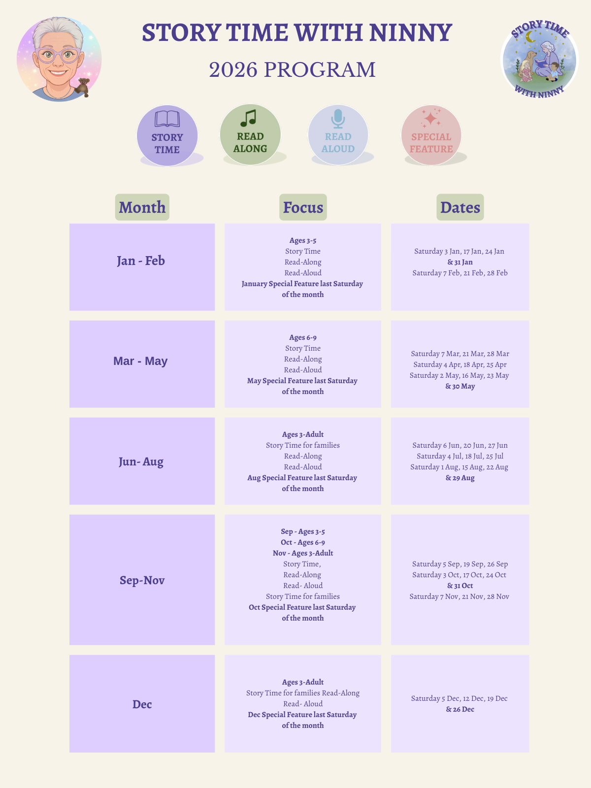 Story Time With Ninny 2026 program calendar showing monthly children’s and family story sessions by age group with Saturday release dates