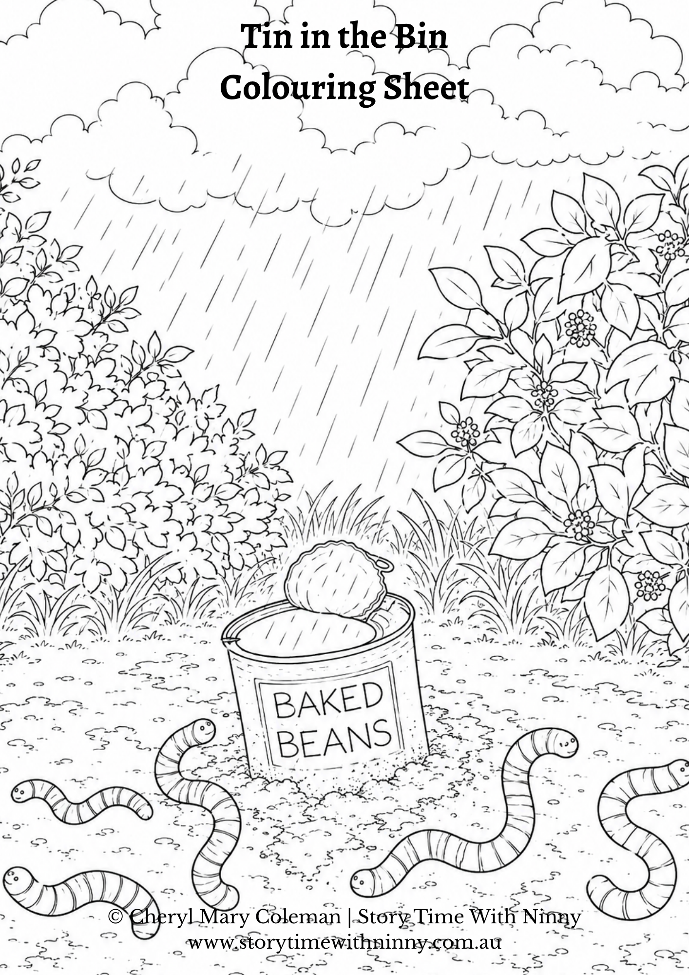 Tin in the Bin printable colouring worksheet for children featuring worms, a baked beans tin, and a rainy garden scene, inspired by an environmental children’s story about nature and recycling.