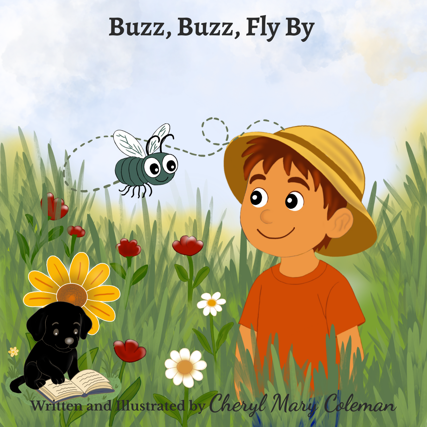 Children’s book cover showing a boy watching a buzzing insect in a grassy garden.