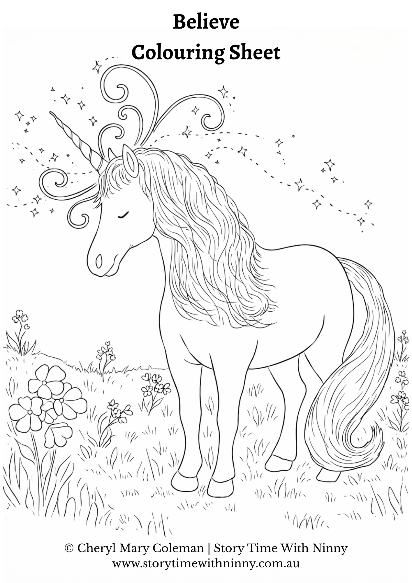 Believe colouring sheet for kids featuring a graceful unicorn standing in a meadow with flowers and sparkling stars, black and white printable fantasy line art by Cheryl Mary Coleman, Story Time With Ninny.