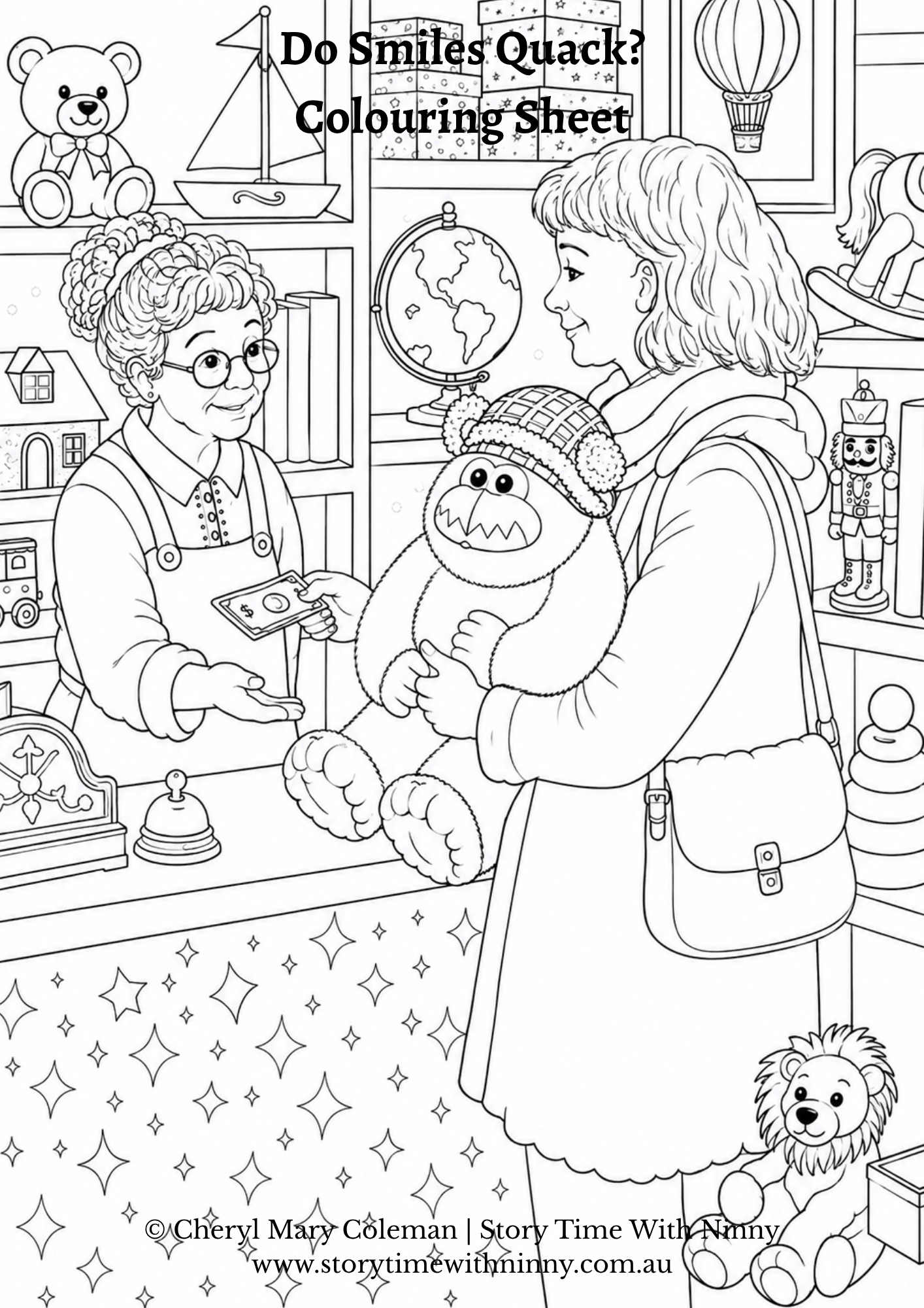 Black and white colouring sheet of Ye Olde Toy Shoppe from Do Smiles Quack?  Story Time With Ninny