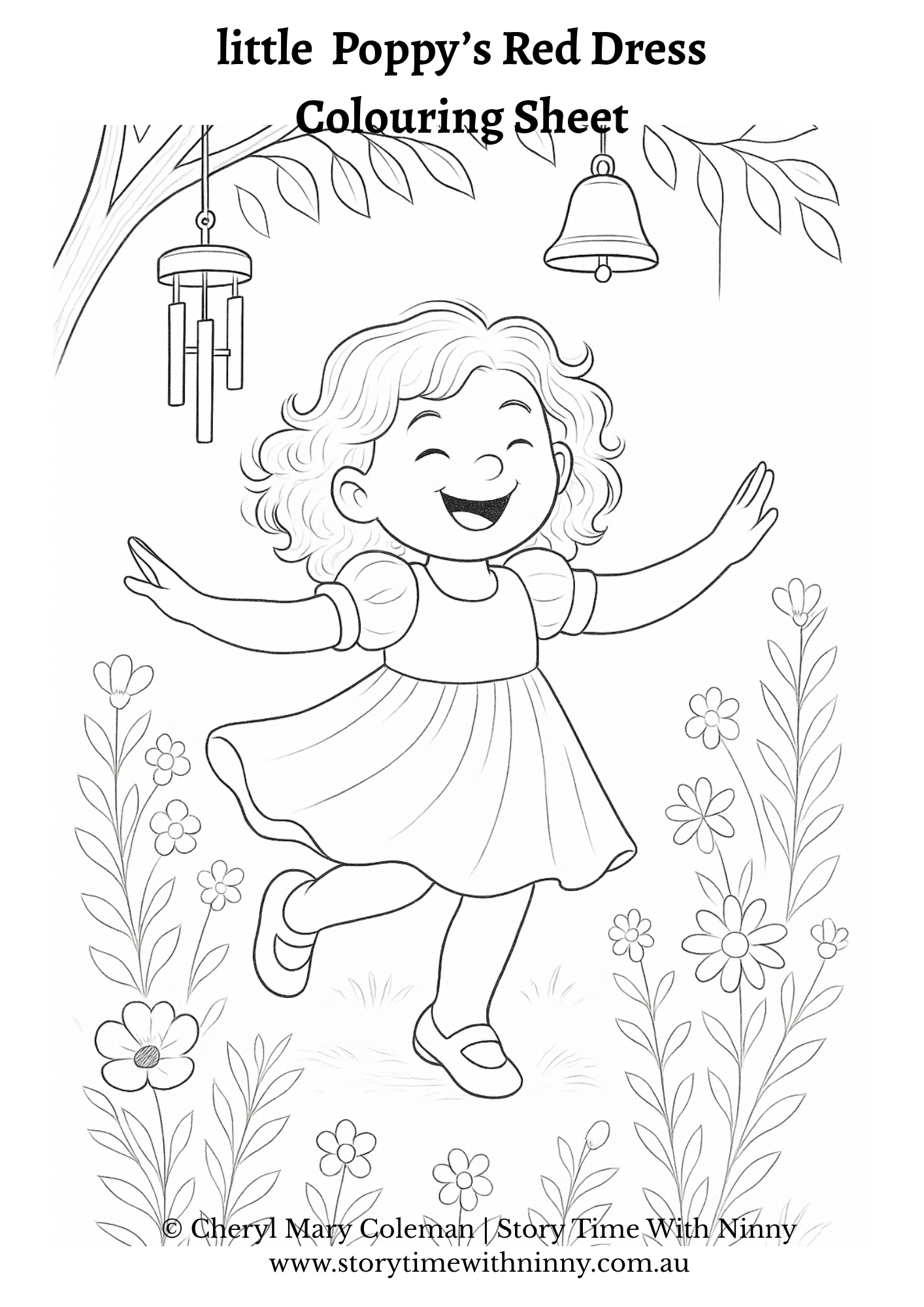 Little Poppy colouring sheet for kids featuring Little Poppy in a field of flowers with bells and chimes, black and white printable activity page by Cheryl Mary Coleman, Story Time With Ninny.