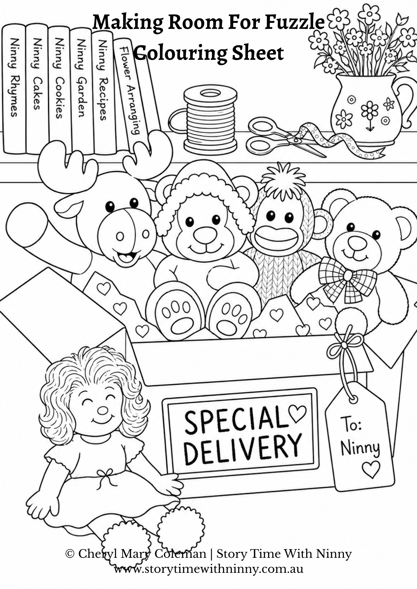 Black and white colouring sheet of a box of toys on a table from Making Room for Fuzzle.  FREE colouring sheet, Story Time With Ninny.