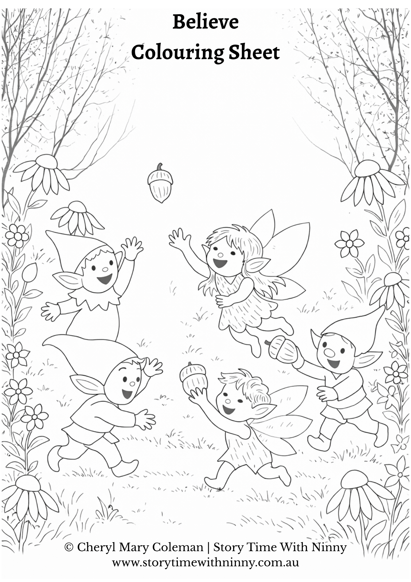 Believe colouring sheet for kids featuring fairies and gnomes playing with acorns in a woodland garden, surrounded by flowers and trees, black and white printable fantasy line art by Cheryl Mary Coleman, Story Time With Ninny.