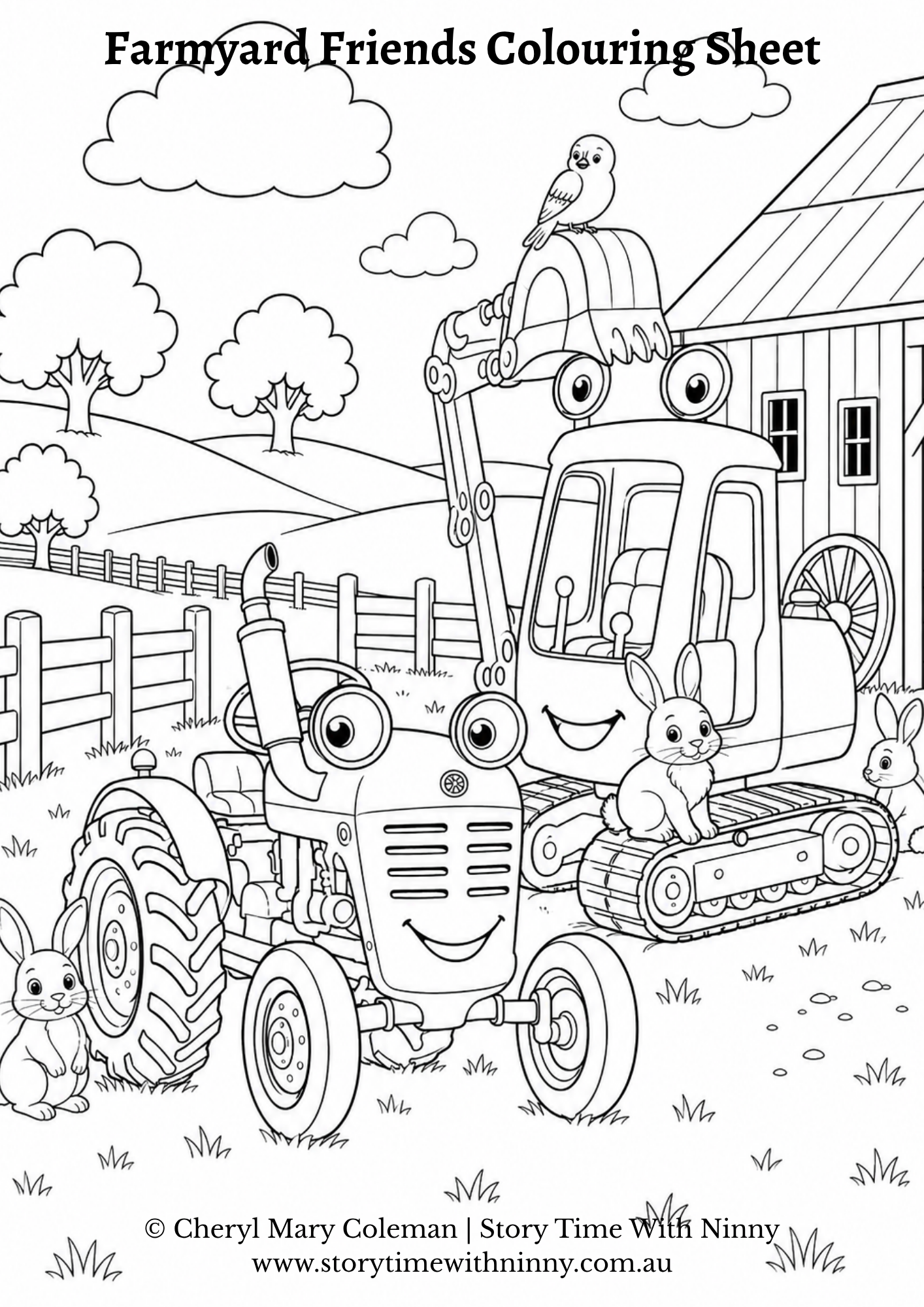 Black and white colouring sheet 2 of Farmyard Friends?  Story Time With Ninny.