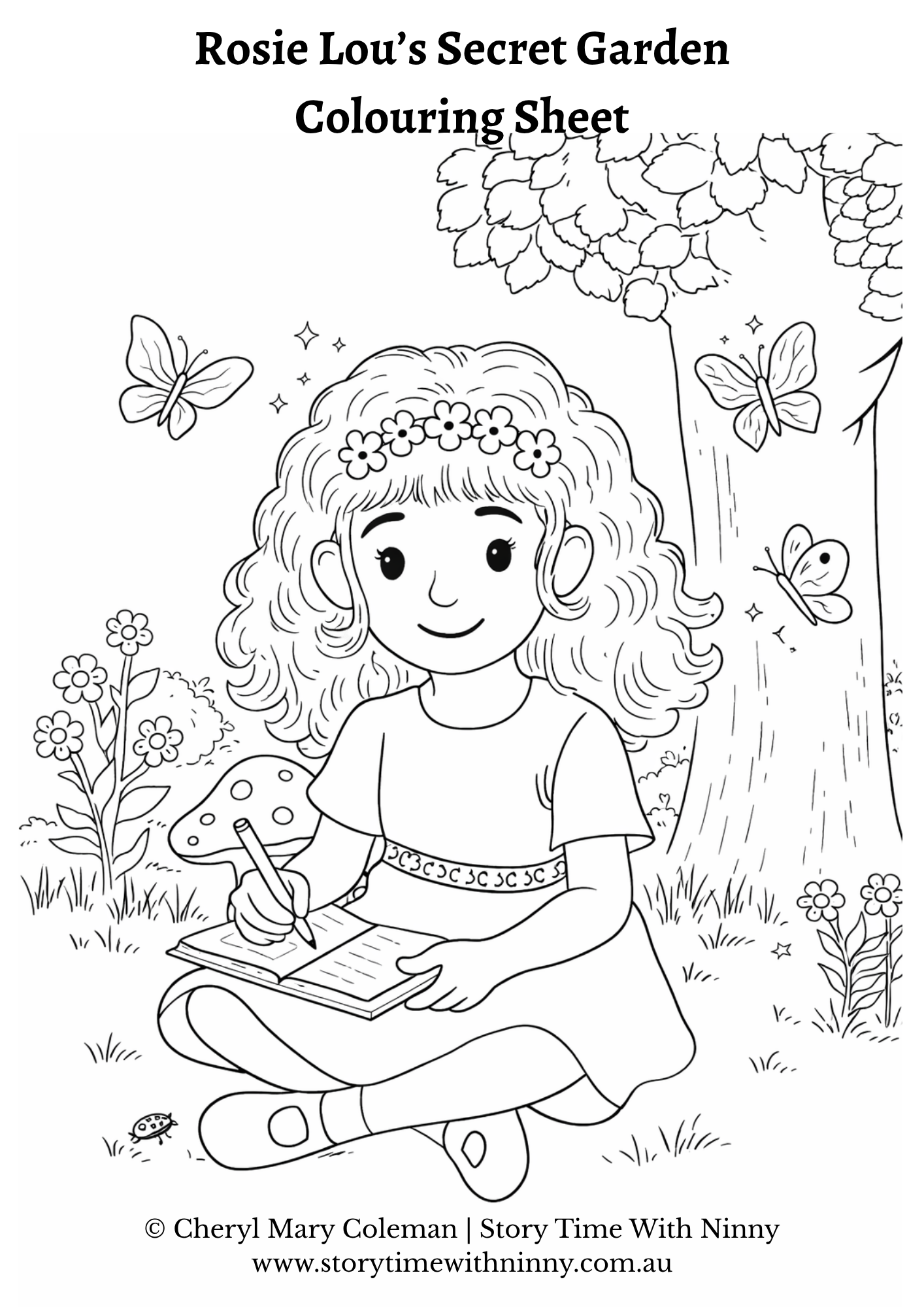 Rosie Lou writing in her garden colouring page for kids printable activity.
