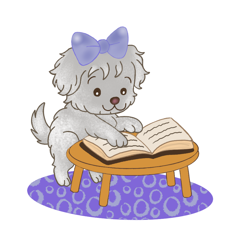 Cute illustrated puppy with a purple bow sitting at a small wooden table, reading a book on a purple patterned rug.