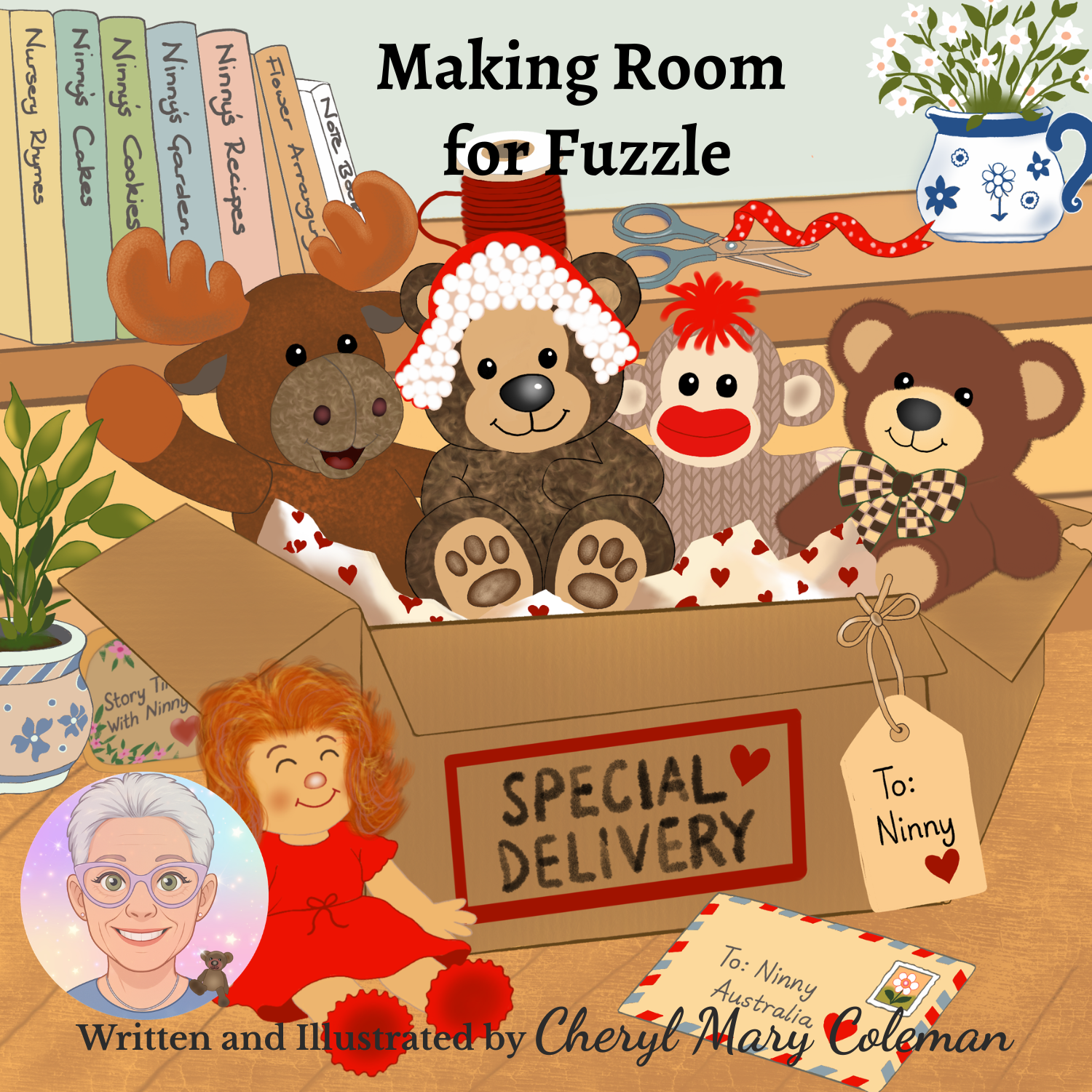 Making Room for Fuzzle book cover for Story Time With Ninny, featuring Moose, Beary, Cheeky Monkey, Buttons and Little Poppy gathered around a special delivery parcel in Ninny’s cosy studio.