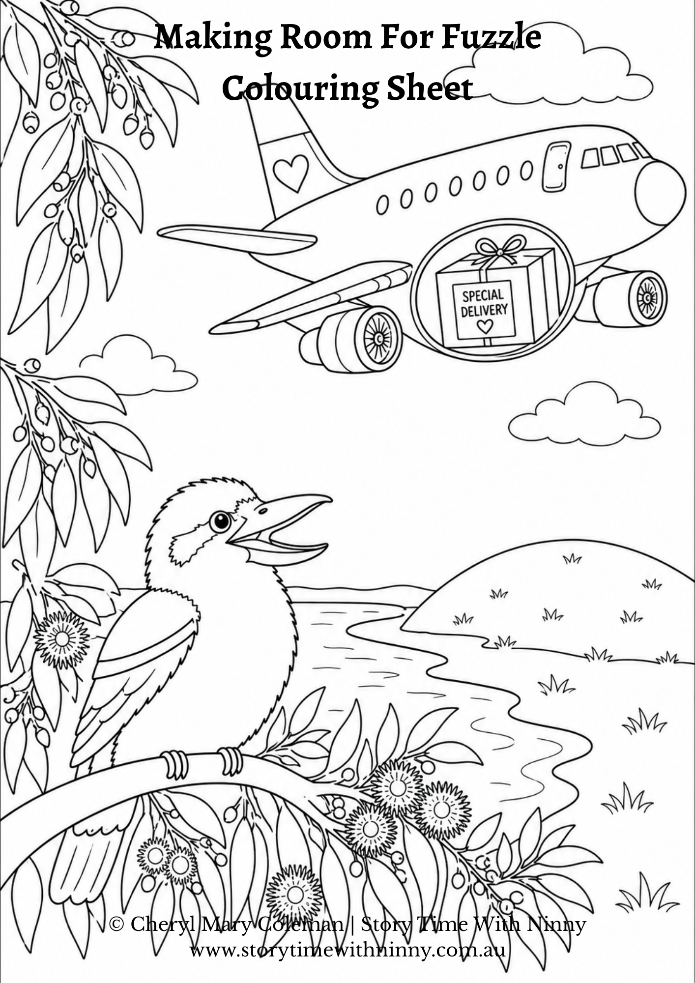 Black and white colouring sheet of a kookaburra sitting in a wattle tree watching a plane with a special delivery parcel.  Free colouring sheet from Making Room for Fuzzle from Story Time With Ninny.