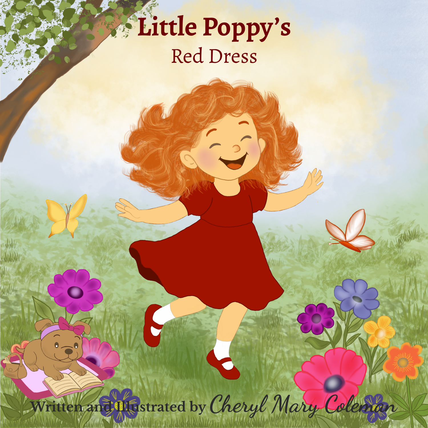 Cover of a children's book titled "Little Poppy's Red Dress" showing a girl with curly red hair jumping in a grassy field surrounded by colorful flowers and flying butterflies. A small puppy with a bow and an open book are on the ground nearby.