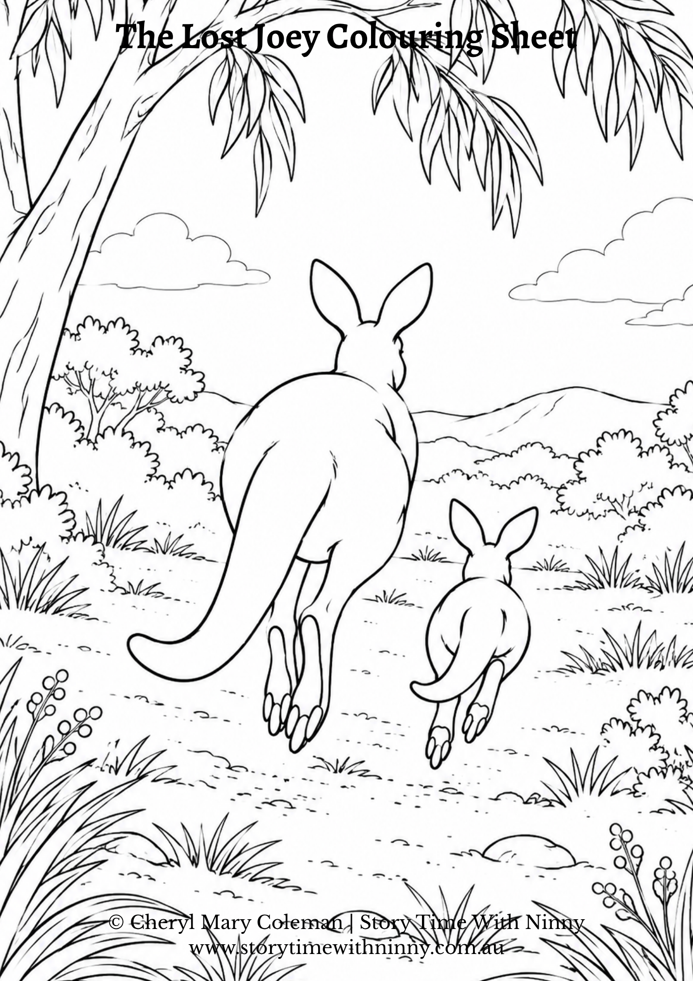 Free colouring sheet featuring kangaroo mum and joey.