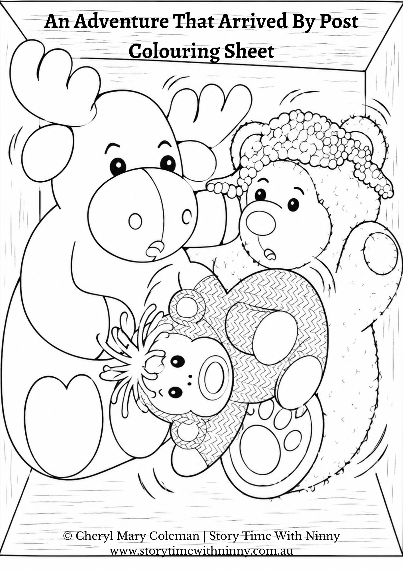 Moose, bear and monkey inside a box, colouring sheet activity from An Adventure That Arrived by Post, Story Time With Ninny.