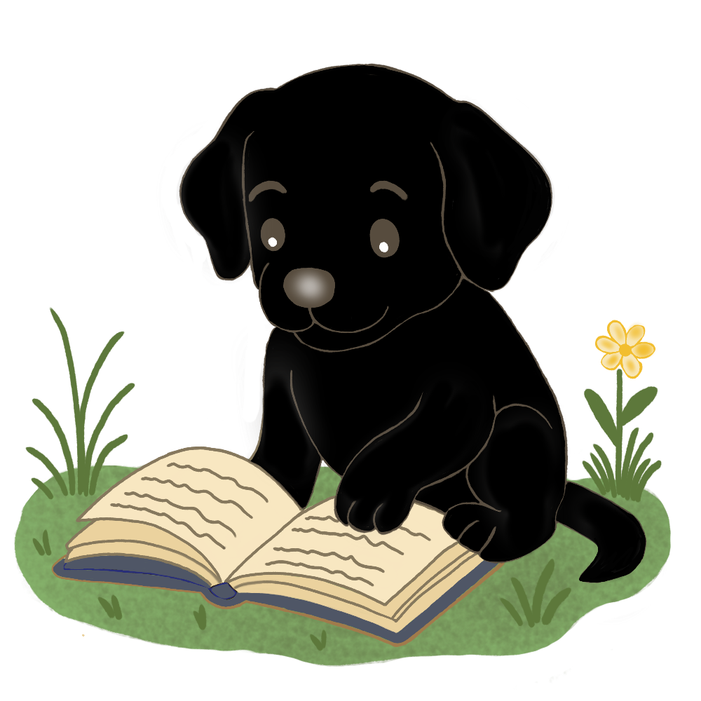Jet the Lively Labrador, Puppy Page Turner #3 for Story Time With Ninny, sitting on the grass and turning the pages of a book during story time.