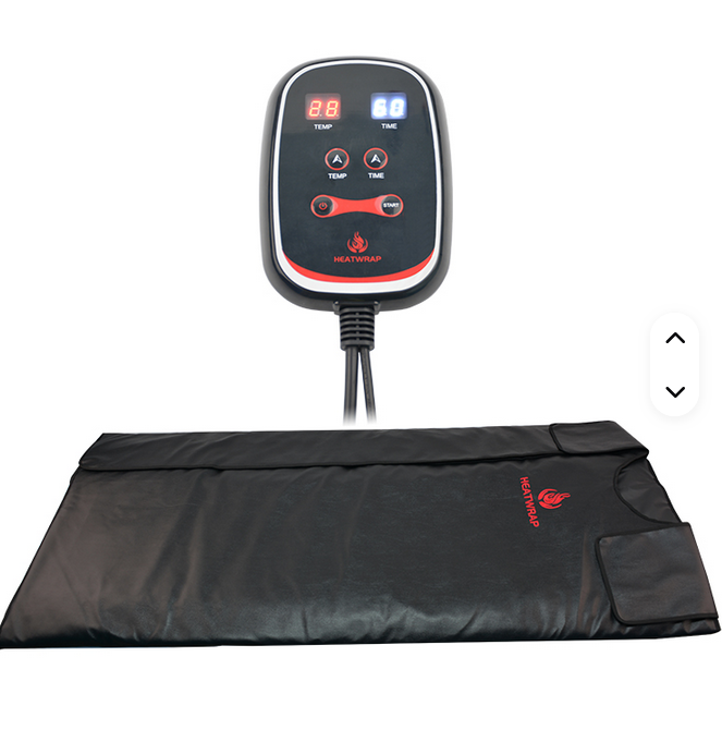 Electronic heating pad with control unit displaying temperature and time, connected to a heating wrap.