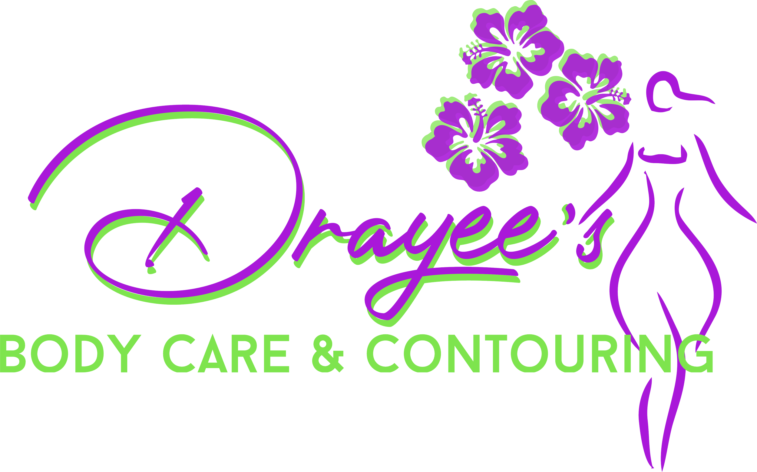 Logo for 'Dree's Body Care & Contouring' featuring a stylized female figure, purple flowers, and a spray bottle, with green and purple text.