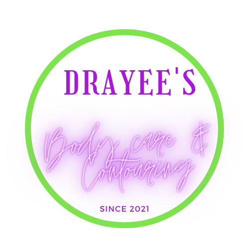 Logo for Drayee's Body Care and Contouring, established in 2021, featuring purple and pink neon text inside a green circle.