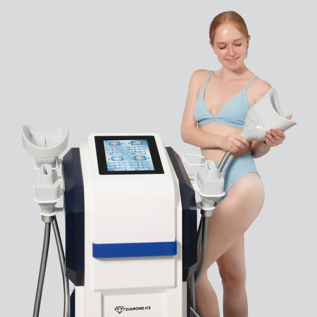 A woman in a blue bikini holding a broken ceramic object next to a medical or beauty device with a touchscreen display.