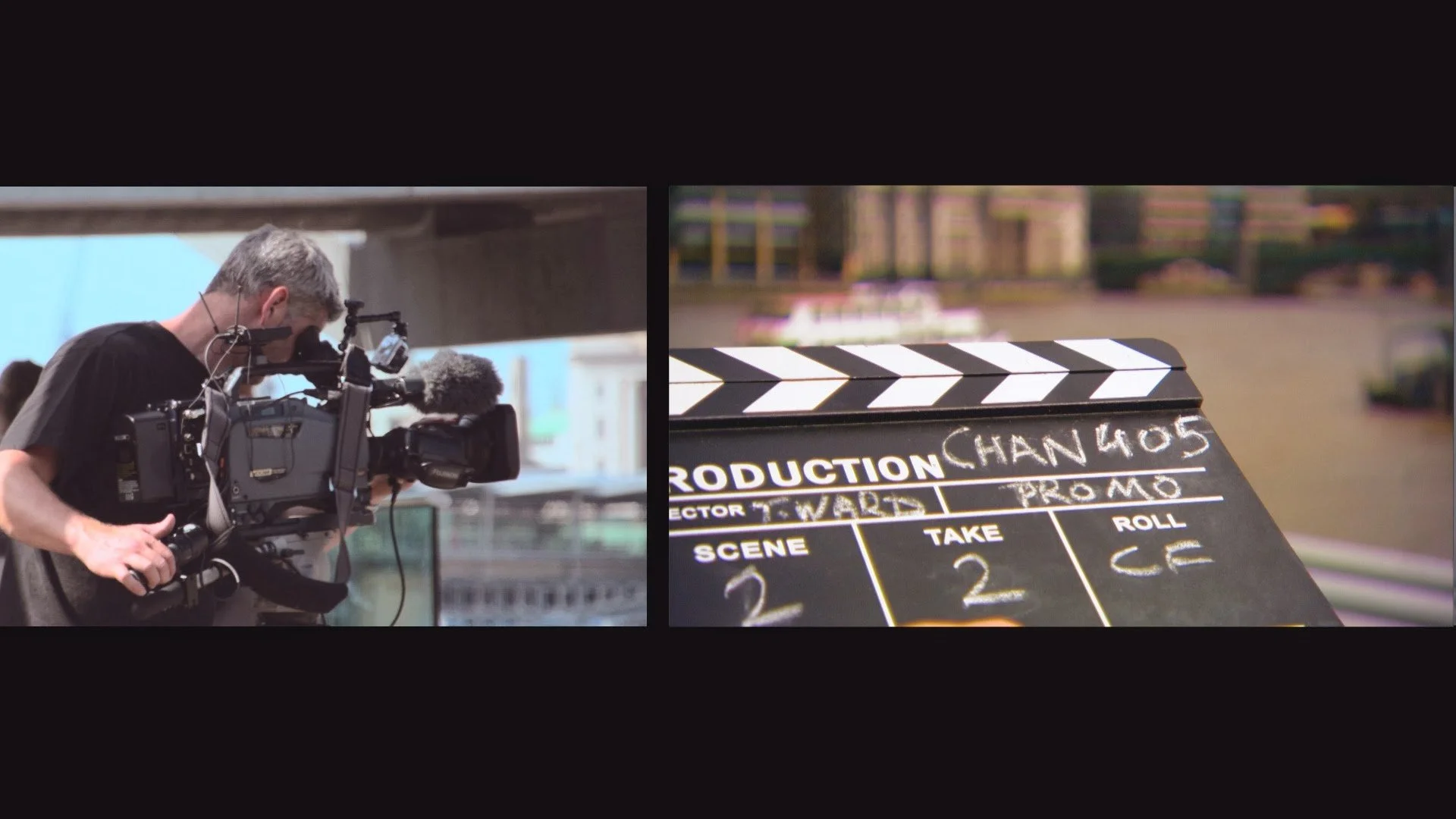 Bim of a film crew member setting up a camera on a film set and a clapperboard with production details.