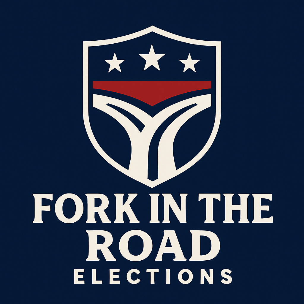 Logo with a shield containing three stars and a fork symbol, above the text 'FORK IN THE ROAD ELECTIONS'
