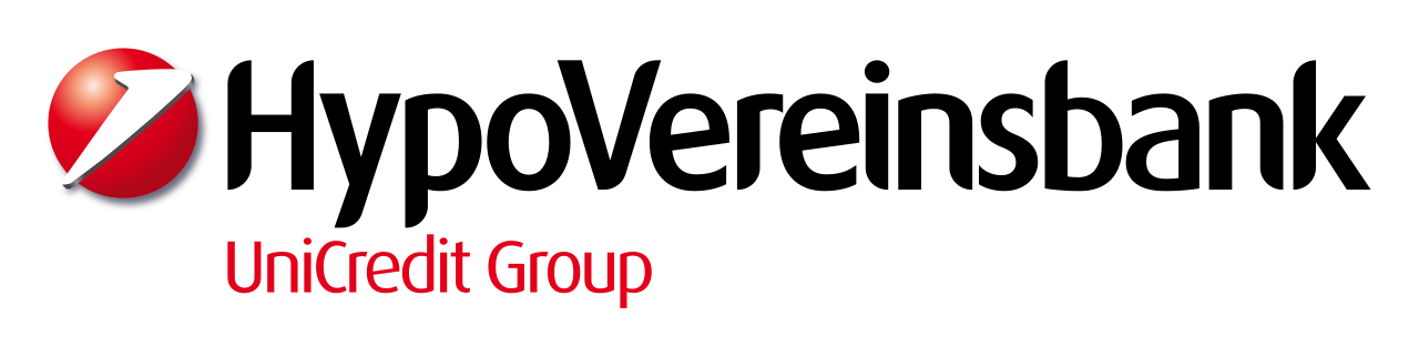 Das Bild zeigt bei der Bank of America ein Logo mit einem roten Kreis und einem weißen Pfeil nach oben, darunter steht in roter Schrift "UniCredit Group".