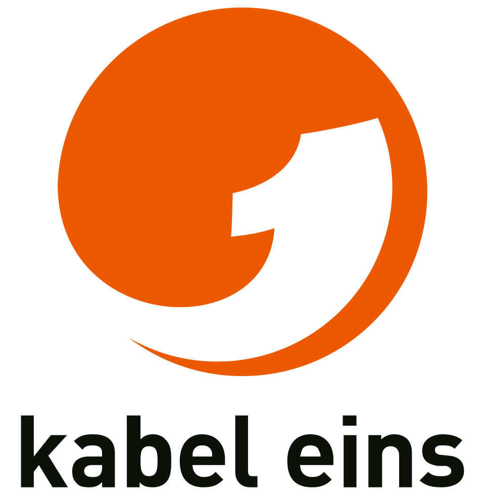 Ein orange- und schwarzfarbenes Logo mit einem Knoten, darunter der Schriftzug 'kabel eins'.