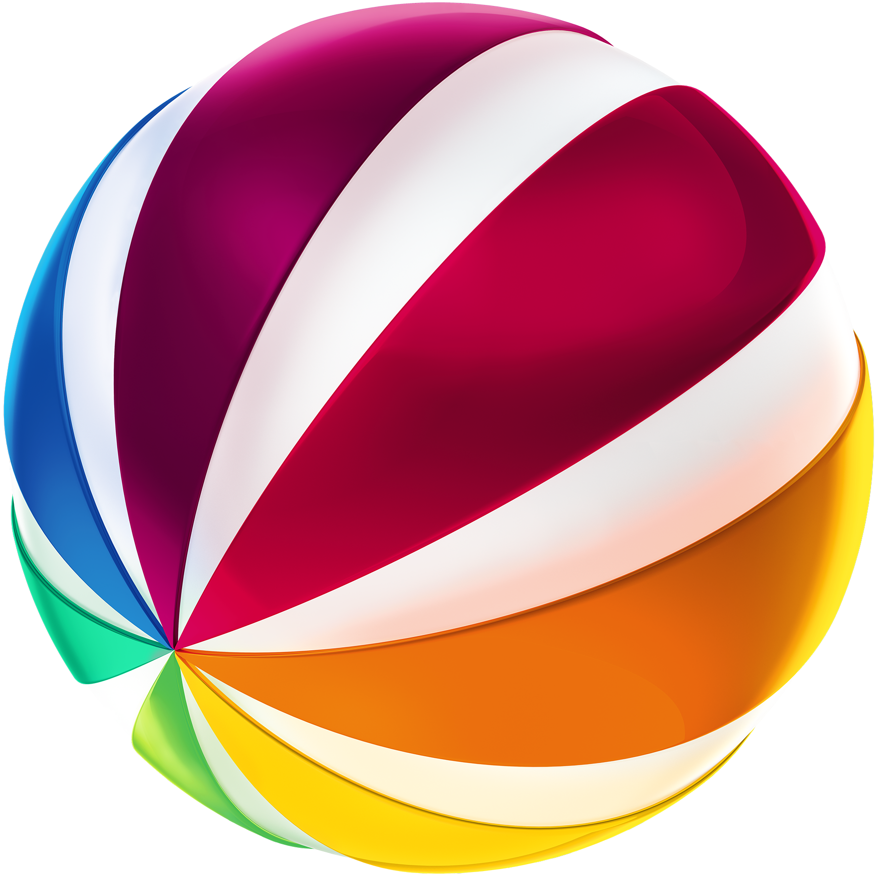 Bunte, strukturierte Kugel mit bunten Segmente in rot, rosa, blau, grün, gelb, orange und weiß.