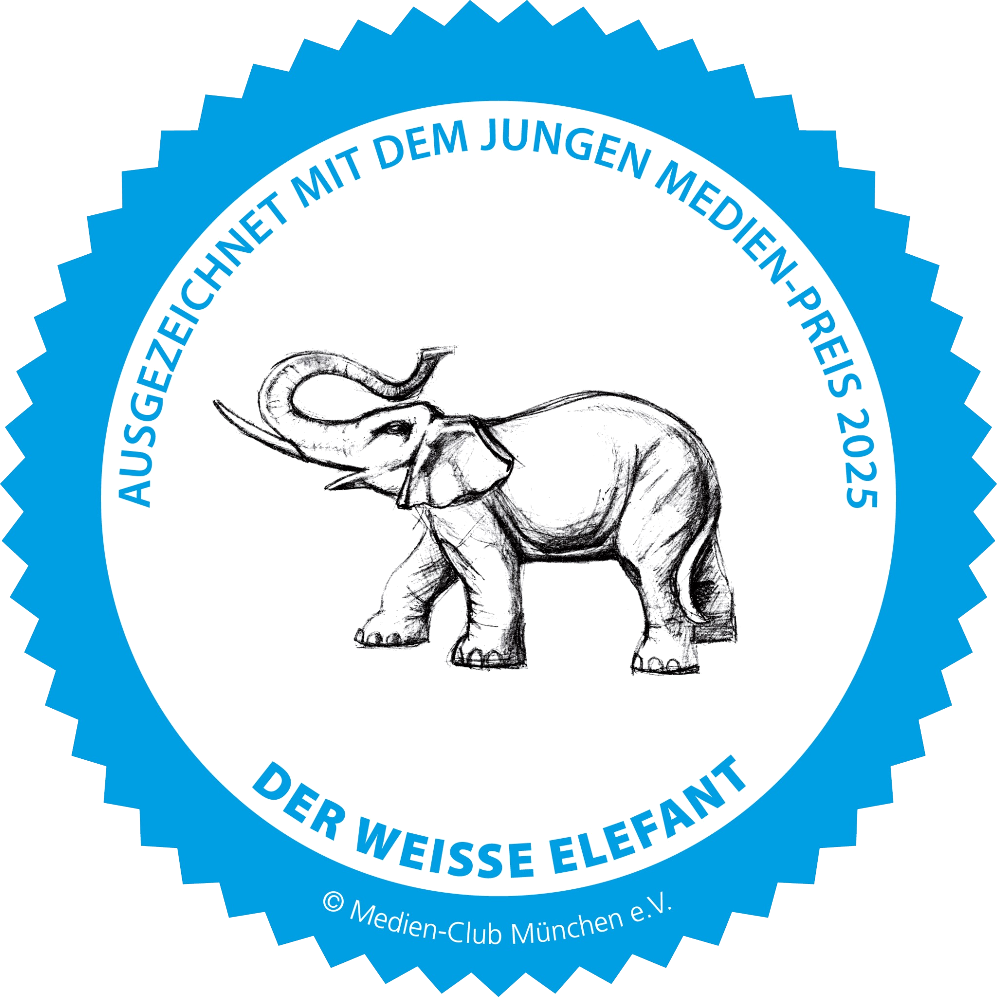 Ein handgezeichnetes Bild eines weißen Elefanten, umgeben von einem blauen Abzeichen mit deutschem Text.