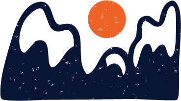 Deep blue mountains with an orange sun above them.