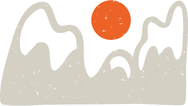 A simple illustration of a mountain range with an orange sun above it on a dark blue background..