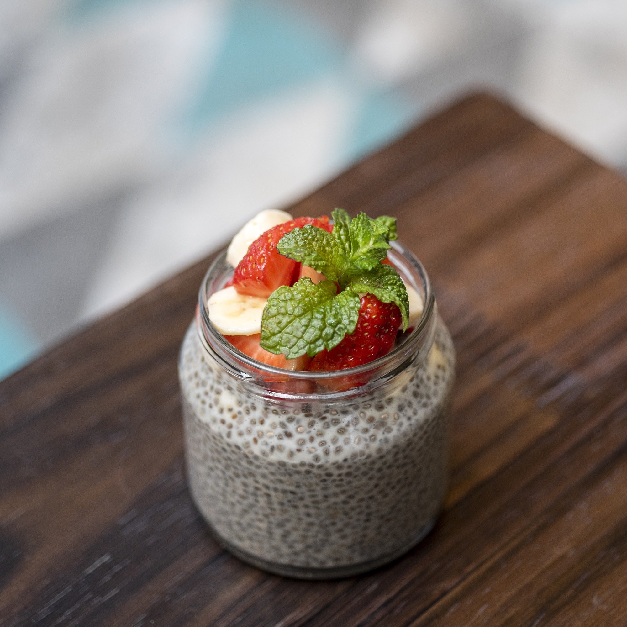 Chia pudding with strawberry and mint leaf